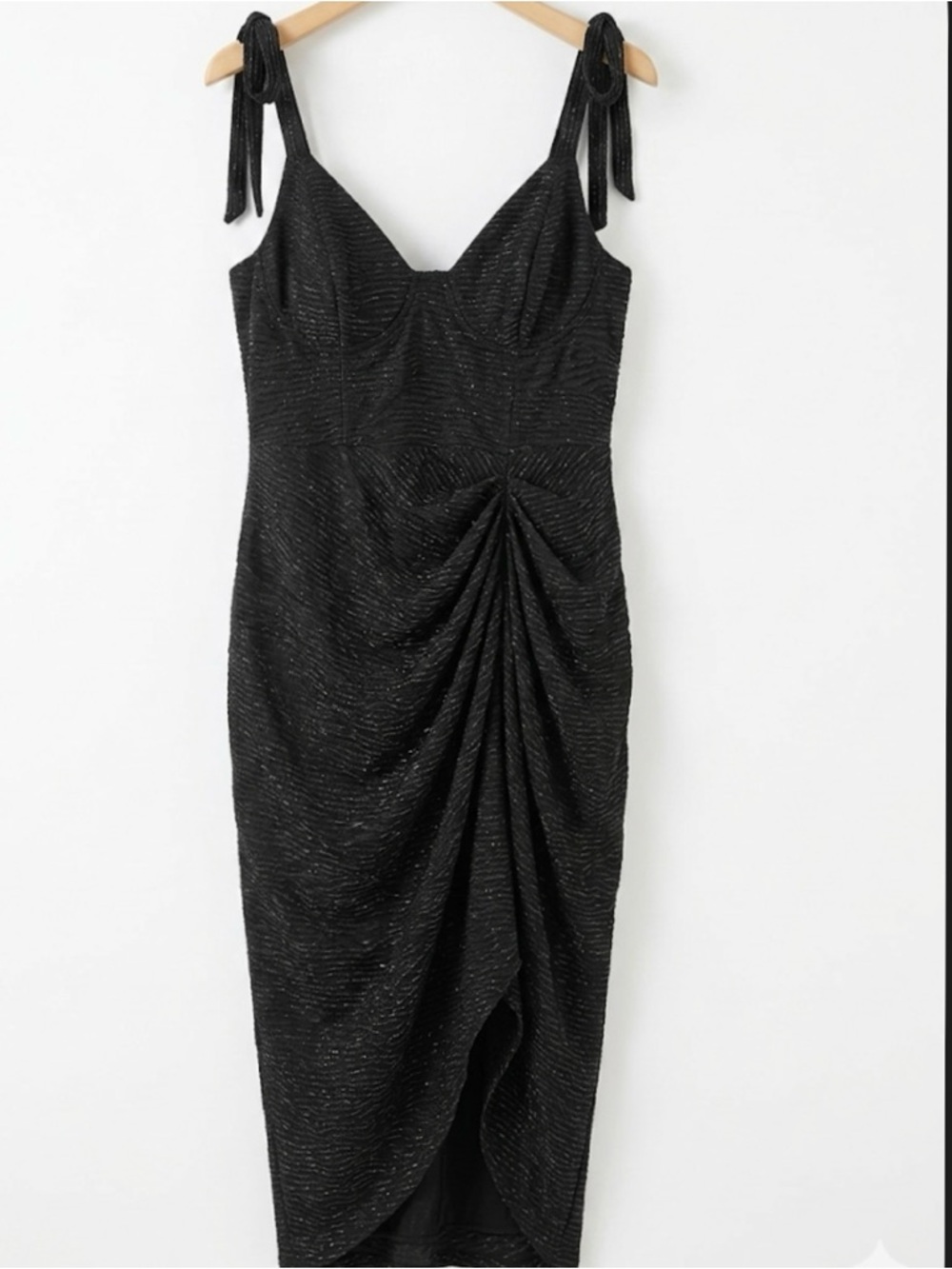 SHEIN Black & Silver Tie-Shoulder Ruched Midi Dress